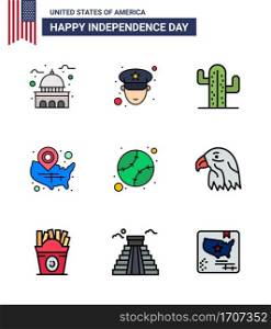 9 USA Flat Filled Line Pack of Independence Day Signs and Symbols of american  wisconsin  cactus  usa  map Editable USA Day Vector Design Elements