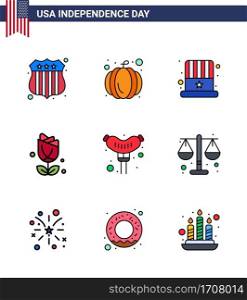 9 USA Flat Filled Line Signs Independence Day Celebration Symbols of court  frankfurter  hat  food  usa Editable USA Day Vector Design Elements