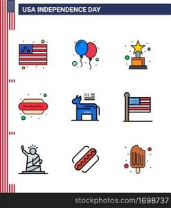 9 USA Flat Filled Line Signs Independence Day Celebration Symbols of symbol  american  award  donkey  food Editable USA Day Vector Design Elements