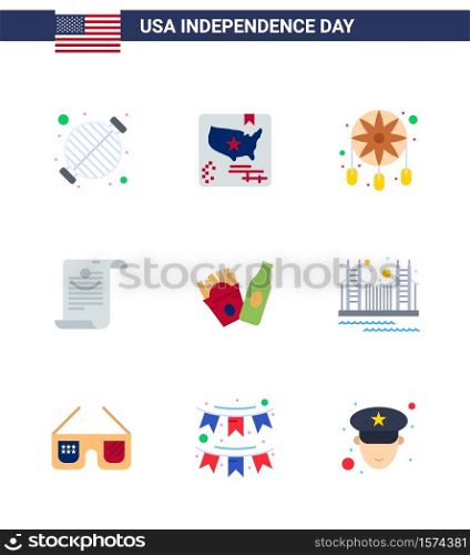 9 USA Flat Pack of Independence Day Signs and Symbols of bottle; american; world; text; western Editable USA Day Vector Design Elements