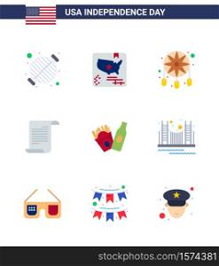 9 USA Flat Pack of Independence Day Signs and Symbols of bottle; american; world; text; western Editable USA Day Vector Design Elements