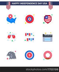 9 USA Flat Signs Independence Day Celebration Symbols of decoration  garland  american  american day  wine Editable USA Day Vector Design Elements