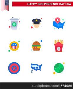 9 USA Flat Signs Independence Day Celebration Symbols of food; burger; usa; flag; security Editable USA Day Vector Design Elements