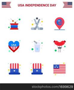 9 USA Flat Signs Independence Day Celebration Symbols of usa  heart  american  american  map Editable USA Day Vector Design Elements