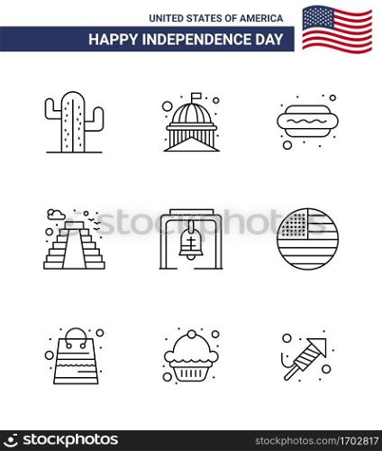 9 USA Line Pack of Independence Day Signs and Symbols of alert; landmark; white; building; hot i Editable USA Day Vector Design Elements