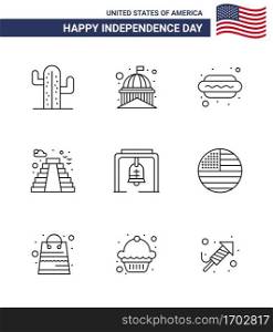 9 USA Line Pack of Independence Day Signs and Symbols of alert; landmark; white; building; hot i Editable USA Day Vector Design Elements