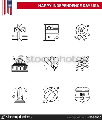 9 USA Line Pack of Independence Day Signs and Symbols of baseball; white; independece; landmark; building Editable USA Day Vector Design Elements