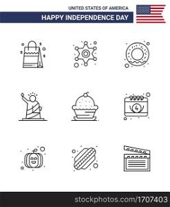 9 USA Line Pack of Independence Day Signs and Symbols of dessert  usa  donut  statue  liberty Editable USA Day Vector Design Elements