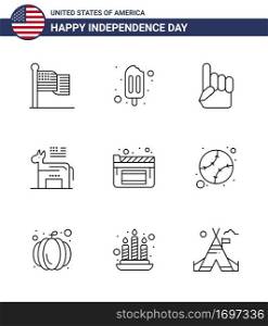 9 USA Line Pack of Independence Day Signs and Symbols of film  cinema  hand  symbol  american Editable USA Day Vector Design Elements