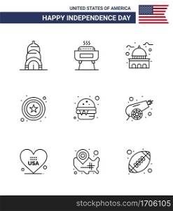 9 USA Line Pack of Independence Day Signs and Symbols of food  burger  house  sign  police Editable USA Day Vector Design Elements