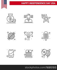 9 USA Line Pack of Independence Day Signs and Symbols of frankfurter  party  american  grill  barbecue Editable USA Day Vector Design Elements