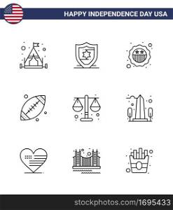 9 USA Line Pack of Independence Day Signs and Symbols of scale; justice; badge; court; sport Editable USA Day Vector Design Elements