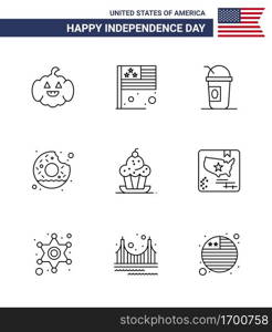 9 USA Line Signs Independence Day Celebration Symbols of muffin  cake  american  food  round Editable USA Day Vector Design Elements