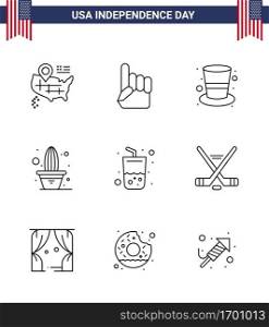 9 USA Line Signs Independence Day Celebration Symbols of summer; glass; cap; pot; flower Editable USA Day Vector Design Elements
