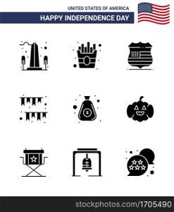 9 USA Solid Glyph Pack of Independence Day Signs and Symbols of dollar; decoration; shield; buntings; american day Editable USA Day Vector Design Elements