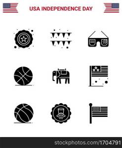 9 USA Solid Glyph Signs Independence Day Celebration Symbols of day; american; imerican; elephent; sports Editable USA Day Vector Design Elements