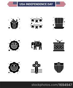 9 USA Solid Glyph Signs Independence Day Celebration Symbols of elephent  badge  garland  security  usa Editable USA Day Vector Design Elements