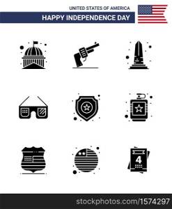 9 USA Solid Glyph Signs Independence Day Celebration Symbols of usa; glasses; american; sunglasses; usa Editable USA Day Vector Design Elements