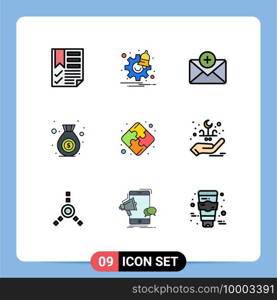 9 User Interface Filledline Flat Color Pack of modern Signs and Symbols of teamwork, puzzle, time, money, bag Editable Vector Design Elements