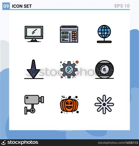 9 User Interface Filledline Flat Color Pack of modern Signs and Symbols of process, energy, globe, down, arrow Editable Vector Design Elements