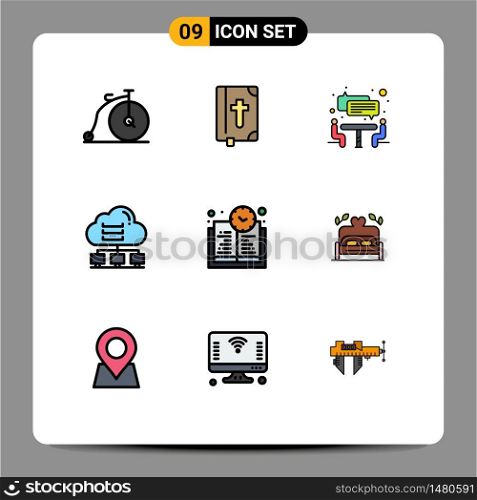 9 User Interface Filledline Flat Color Pack of modern Signs and Symbols of education time, cloud, interview, connect, computer Editable Vector Design Elements