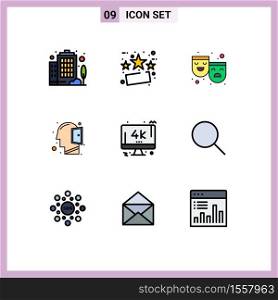 9 User Interface Filledline Flat Color Pack of modern Signs and Symbols of tv, monitor, roles, thinking, mind Editable Vector Design Elements