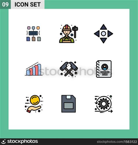 9 User Interface Filledline Flat Color Pack of modern Signs and Symbols of firefighter, axe, arrow, analysis, progress Editable Vector Design Elements