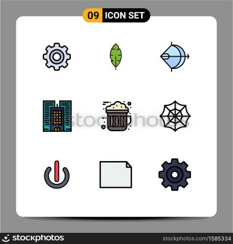 9 User Interface Filledline Flat Color Pack of modern Signs and Symbols of drink, chocolate, archery, office, building Editable Vector Design Elements