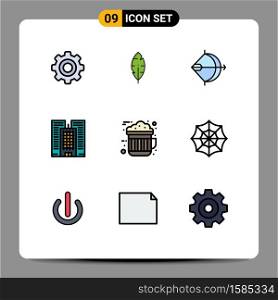 9 User Interface Filledline Flat Color Pack of modern Signs and Symbols of drink, chocolate, archery, office, building Editable Vector Design Elements