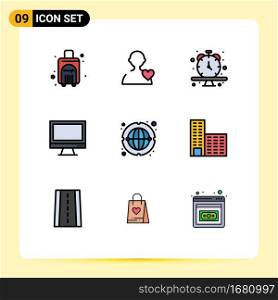 9 User Interface Filledline Flat Color Pack of modern Signs and Symbols of internet, pc, schedule, imac, monitor Editable Vector Design Elements