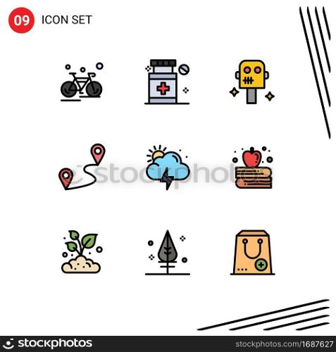 9 User Interface Filledline Flat Color Pack of modern Signs and Symbols of apple education, weather, space, storm, pin Editable Vector Design Elements