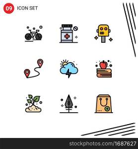 9 User Interface Filledline Flat Color Pack of modern Signs and Symbols of apple education, weather, space, storm, pin Editable Vector Design Elements