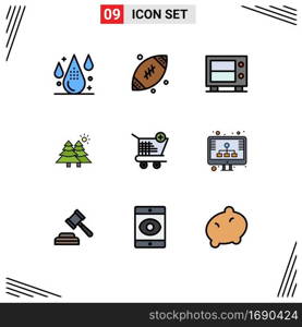9 User Interface Filledline Flat Color Pack of modern Signs and Symbols of ecommerce, trees, football, nature, fir Editable Vector Design Elements