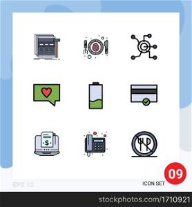 9 User Interface Filledline Flat Color Pack of modern Signs and Symbols of battery, love, scramble, like, circle Editable Vector Design Elements