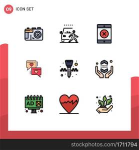 9 User Interface Filledline Flat Color Pack of modern Signs and Symbols of taxi, ignition key, locked, equipment, heart Editable Vector Design Elements