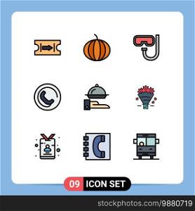 9 User Interface Filledline Flat Color Pack of modern Signs and Symbols of love, serving, underwater, restaurant, food Editable Vector Design Elements