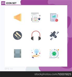 9 User Interface Flat Color Pack of modern Signs and Symbols of headset, audio, metrics, knife, dish Editable Vector Design Elements