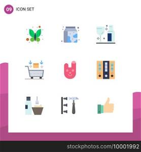 9 User Interface Flat Color Pack of modern Signs and Symbols of bunny, valentine, glass, shopping, cart Editable Vector Design Elements