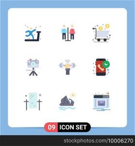 9 User Interface Flat Color Pack of modern Signs and Symbols of dumbbell, hobbies, box, image, shopping Editable Vector Design Elements