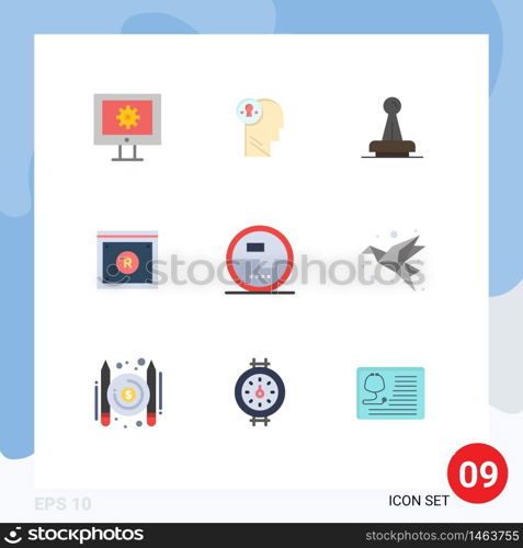 9 User Interface Flat Color Pack of modern Signs and Symbols of copyright, seal, think, rubber, legal Editable Vector Design Elements