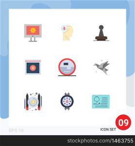9 User Interface Flat Color Pack of modern Signs and Symbols of copyright, seal, think, rubber, legal Editable Vector Design Elements