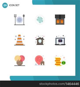 9 User Interface Flat Color Pack of modern Signs and Symbols of laptop, home, bag, design, vlc Editable Vector Design Elements