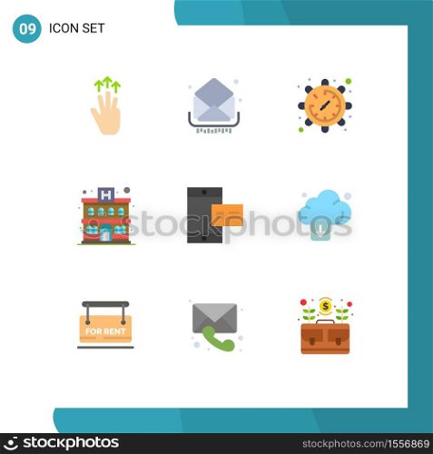 9 User Interface Flat Color Pack of modern Signs and Symbols of mobile, building, inbox, apartment, time Editable Vector Design Elements