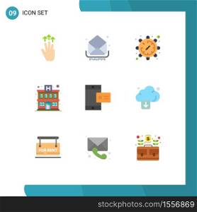 9 User Interface Flat Color Pack of modern Signs and Symbols of mobile, building, inbox, apartment, time Editable Vector Design Elements