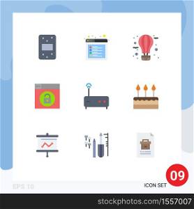 9 User Interface Flat Color Pack of modern Signs and Symbols of modem, unlock, balloon, lock, web Editable Vector Design Elements