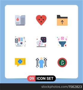 9 User Interface Flat Color Pack of modern Signs and Symbols of play, dices, folder, competition, financial Editable Vector Design Elements