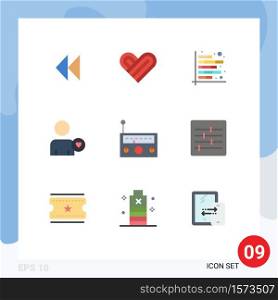 9 User Interface Flat Color Pack of modern Signs and Symbols of music, device, chart, heart, man Editable Vector Design Elements