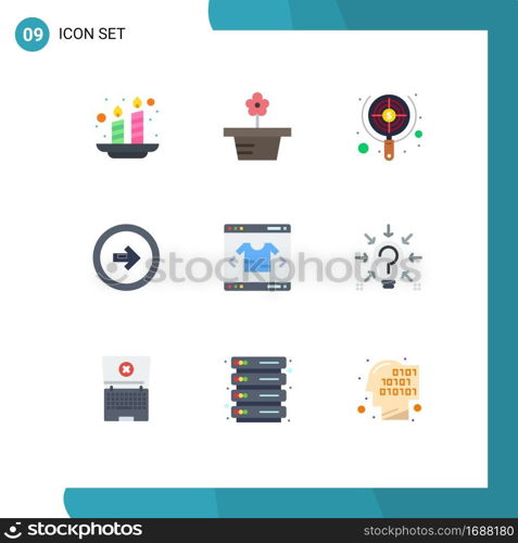 9 User Interface Flat Color Pack of modern Signs and Symbols of right, user, search, button, money Editable Vector Design Elements