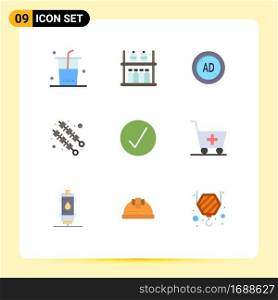 9 User Interface Flat Color Pack of modern Signs and Symbols of media player, success, ad, kebab, bbq Editable Vector Design Elements