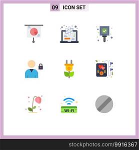 9 User Interface Flat Color Pack of modern Signs and Symbols of electricity, user, science, lock, tag Editable Vector Design Elements